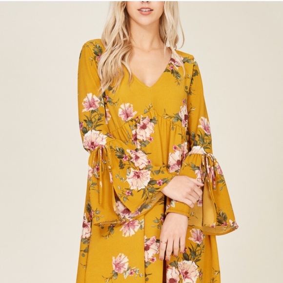 ❤️ LAST L NEW Mustard bell sleeve floral dress - Picture 3 of 7